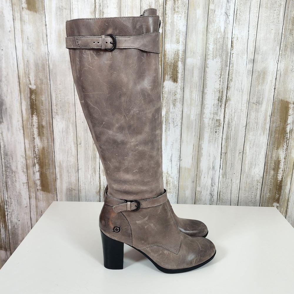 Born BOC Gemini Tall Distressed Leather Boots Sz 8.5 Gray Zip Buckle High Heel - Picture 13 of 16